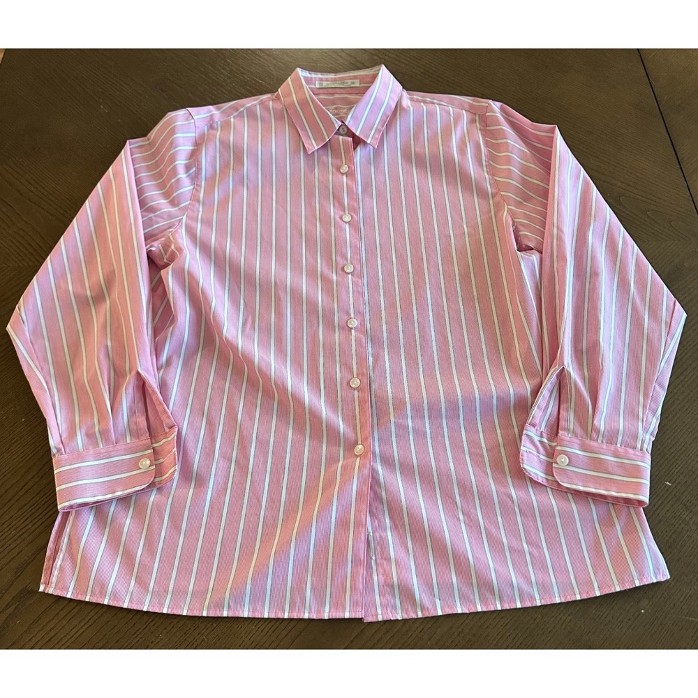 Foxcroft Pink White Striped Button Down Shirt Wrinkle Free Blouse Size 14